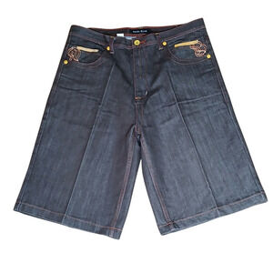 Royal Blue Denim Shorts Men's 38‎ Dark Wash Embroidered Knee-Length Streetwear